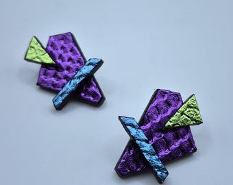 Geometric Leather Statement Earrings: Handmade Mixed Media Design