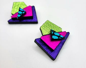 Geometric Leather Statement Earrings: Handmade Mixed Media Design