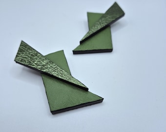 Long Geometric Leather Statement Earrings: Handmade Mixed Media Design