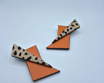 Long Geometric Leather Statement Earrings: Handmade Mixed Media Design