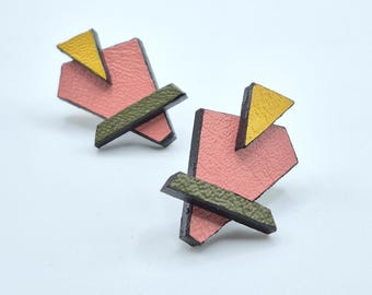 Geometric Vegan Leather Statement Earrings: Handmade Mixed Media Design