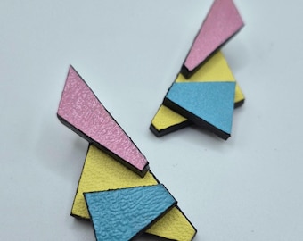 Geometric Leather Statement Earrings: Handmade Mixed Media Design