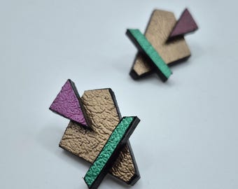 Geometric Vegan Leather Statement Earrings: Handmade Mixed Media Design