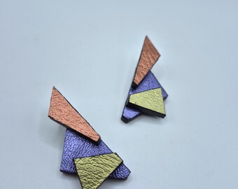 Geometric Vegan Leather Statement Earrings: Handmade Mixed Media Design