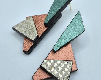 Geometric Leather Statement Earrings: Handmade Mixed Media Design