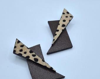 Long Geometric Leather Statement Earrings: Handmade Mixed Media Design