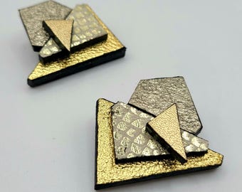 Geometric Leather Statement Earrings: Handmade Mixed Media Design