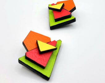 Geometric Vegan Leather Statement Earrings: Handmade Mixed Media Design
