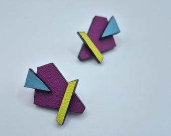 Geometric Vegan Leather Statement Earrings: Handmade Mixed Media Design