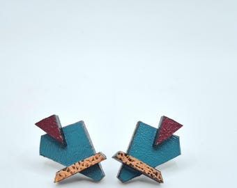Geometric Vegan Leather Statement Earrings: Handmade Mixed Media Design