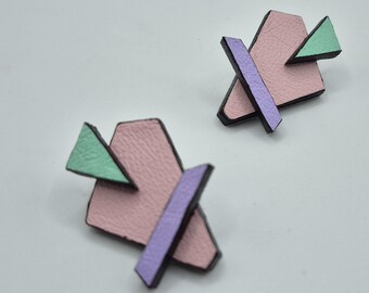 Geometric Vegan Leather Statement Earrings: Handmade Mixed Media Design