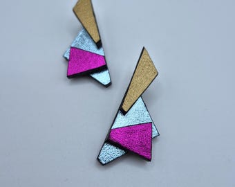 Geometric Leather Statement Earrings: Handmade Mixed Media Design
