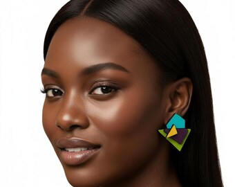 Geometric Vegan Leather Statement Earrings: Handmade Mixed Media Design