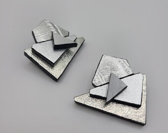 Geometric Leather Statement Earrings: Handmade Mixed Media Design