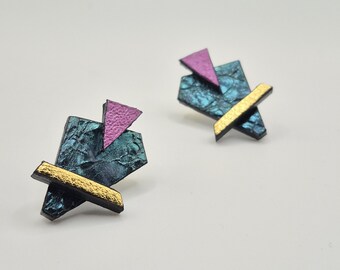 Geometric Leather Statement Earrings: Handmade Mixed Media Design