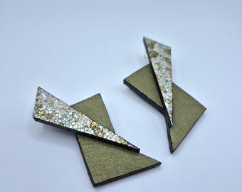 Long Geometric Leather Statement Earrings: Handmade Mixed Media Design