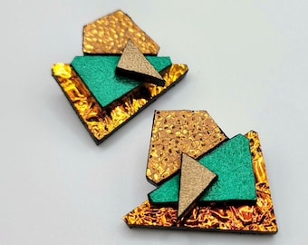 Geometric Leather Statement Earrings: Handmade Mixed Media Design