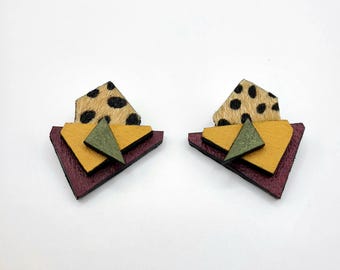 Geometric Vegan Leather Statement Earrings: Handmade Mixed Media Design