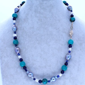 Camps Bay Necklace – Boho Luxe Gemstone Strand with Pearls, Lapis & Turquoise – 19” Celestial Coastal Necklace with Gold-Plated Clasp