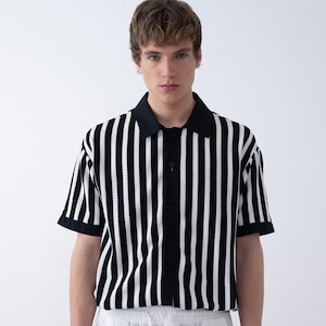 Bohem Men&#39;s Striped Shirt- Classic Linen Shirt – Black Long Sleeve Button Down for Men - POLO Men&#39;s Linen Shirt - Linen Polo tshirt