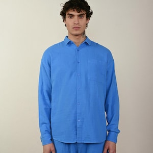 Mens Linen Shirt – Blue Striped Long Sleeve Shirt – Summer Lightweight Linen Shirt,Linen Clothing For Men,Fitted Men&#39;s Linen Casual Shirts