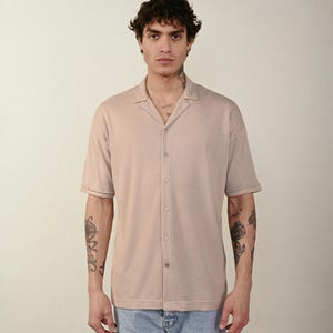Short Sleeve,Natural Cotton Knit Shirt ,Summer Boho Men’s Shirt ,Organic Beachwear Top,Basic t-shirt, Beige t-shirt, Stylish t-shirt - stock