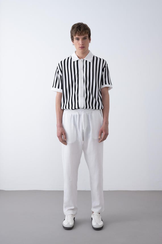 Camicia Uomo Slim Only & Sons - Camicia A Maniche Corte Con Righe Verticali Marrone Camicia Lino Uomo Slim Fit - Foto 4