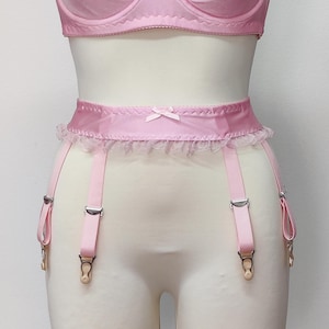 pink narrow 2 inch / 5 cm Summer garter belt with ruffle trim and 6 straps