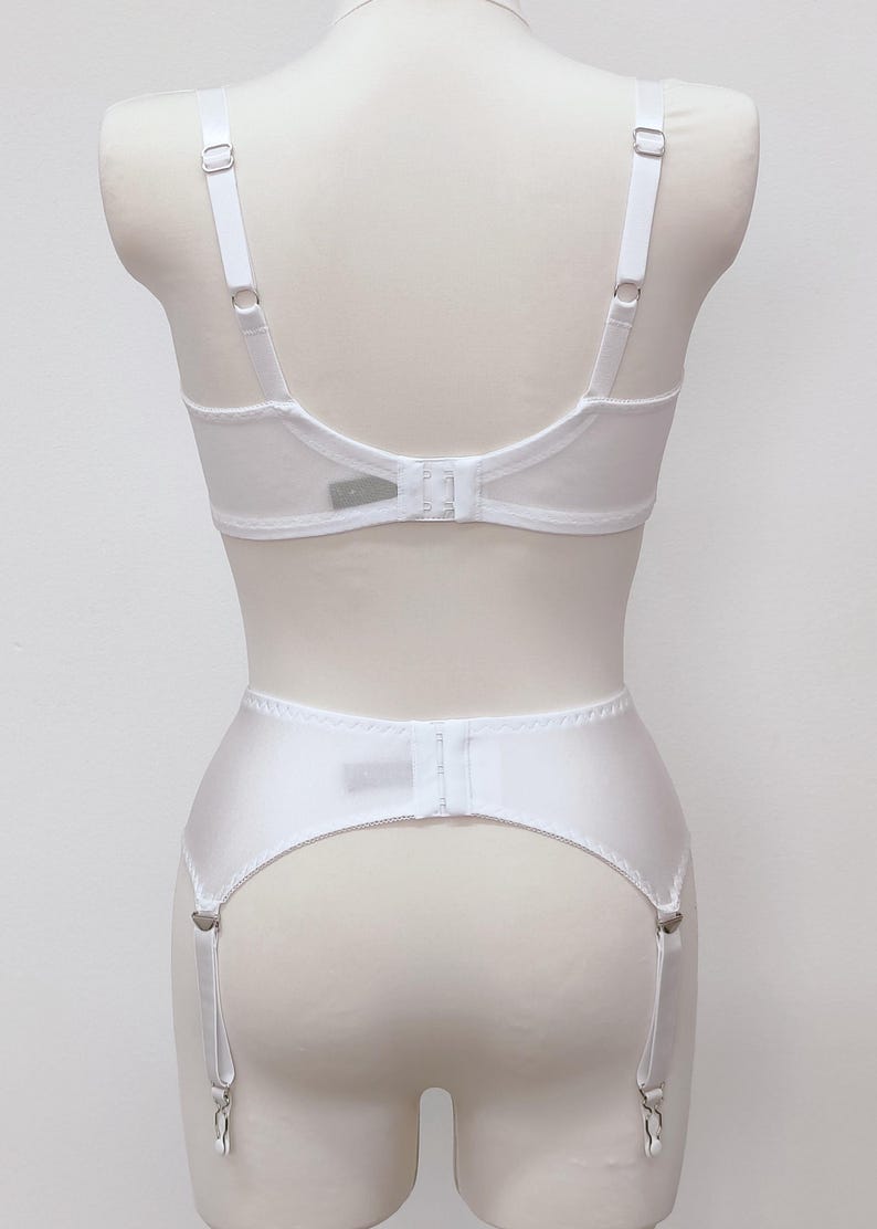 white quarter cup Gina bra, on the photo with matching 6 strap retro style Greta garter belt