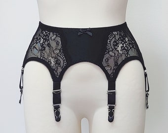 Black Lace MONA 6 strap Garter Belt Size XS-3XL