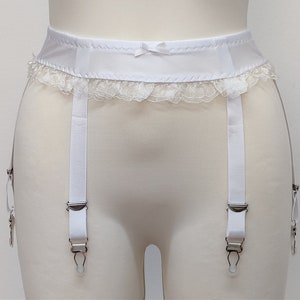 white narrow 2 inch / 5 cm garter belt with ruffle trim and 6 straps