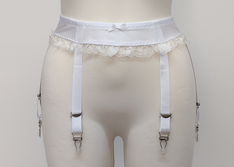 white narrow 2 inch / 5 cm garter belt with ruffle trim and 6 straps