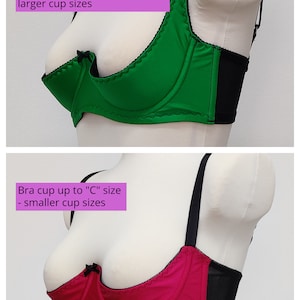 May include: Two bras displayed on a mannequin. One is green with black trim and the other is pink with black trim. The text on the image reads "Bra cup from 'D' size and up - larger cup sizes" and "Bra cup up to 'C' size - smaller cup sizes."