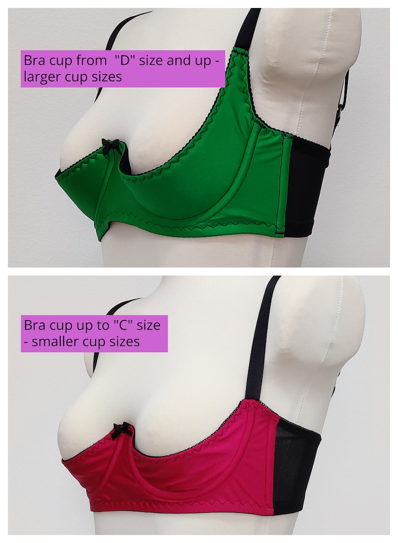 May include: Two bras displayed on a mannequin. One is green with black trim and the other is pink with black trim. The text on the image reads "Bra cup from 'D' size and up - larger cup sizes" and "Bra cup up to 'C' size - smaller cup sizes."
