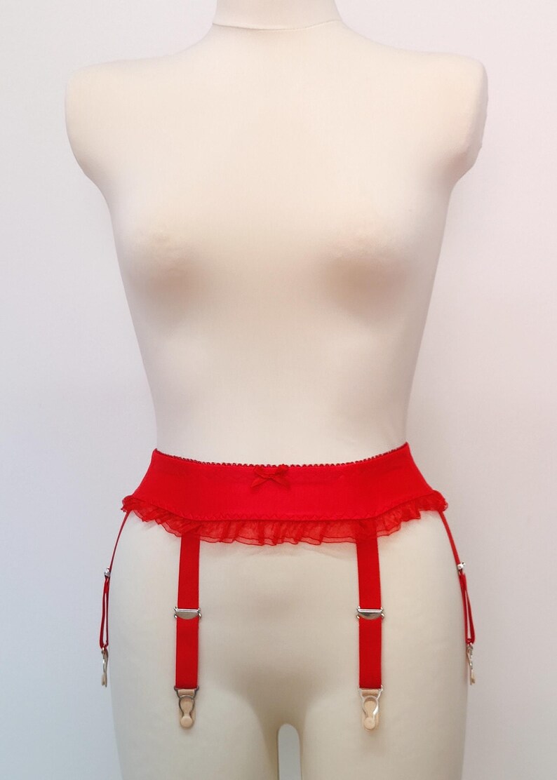 red narrow 2 inch / 5 cm Summer garter belt with ruffle trim and 6 straps