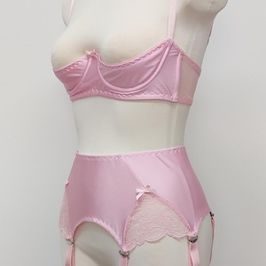 pink quarter cup Gina bra, on the photo with matching 6 strap retro style Scarlett garter belt