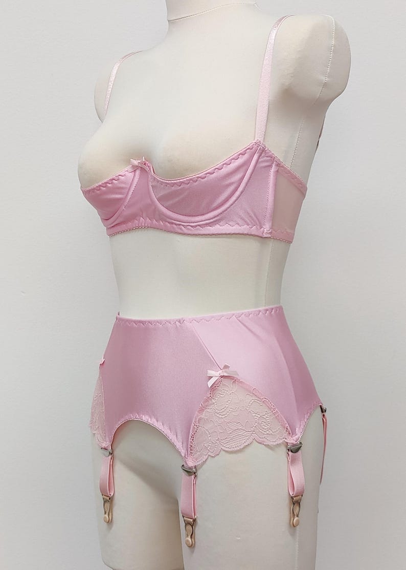 pink quarter cup Gina bra, on the photo with matching 6 strap retro style Scarlett garter belt