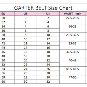 May include: Garter belt size chart with measurements in inches and centimeters. The chart shows sizes from XS to 4XL, with corresponding EU, US, and UK sizes. The chart also includes waist measurements in inches and centimeters.