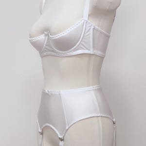 white quarter cup Gina bra, on the photo with matching 4 strap retro style Greta garter belt