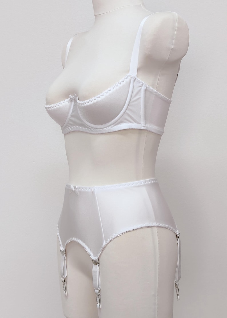 white quarter cup Gina bra, on the photo with matching 4 strap retro style Greta garter belt