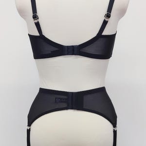 black quarter cup Gina bra, on the photo with matching sheer, 6 strap retro style Lula garter belt