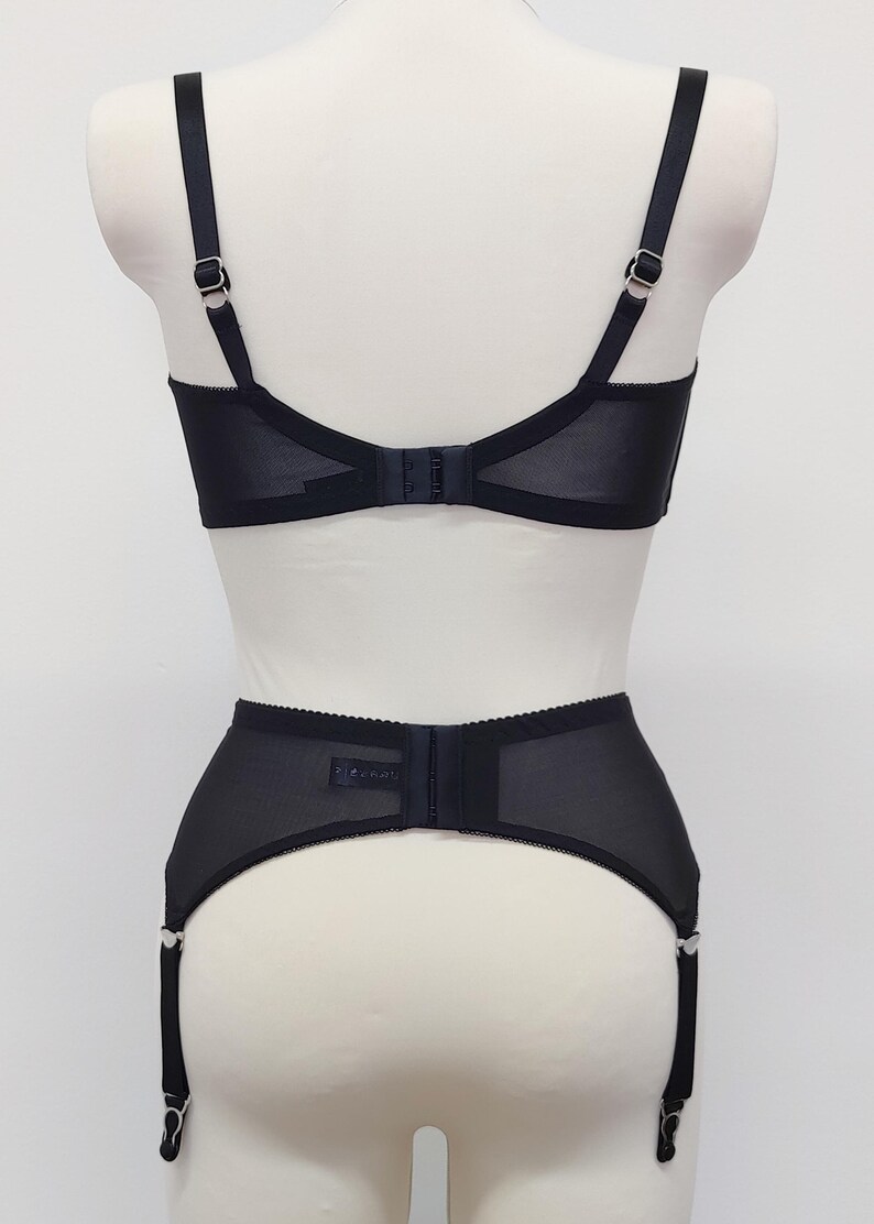 black quarter cup Gina bra, on the photo with matching sheer, 6 strap retro style Lula garter belt