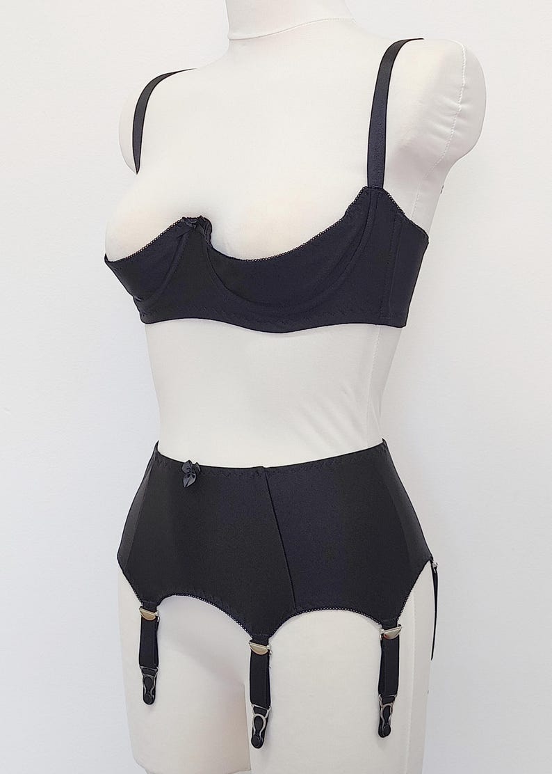 black quarter cup Gina bra, on the photo with matching 6 strap retro style Greta garter belt
