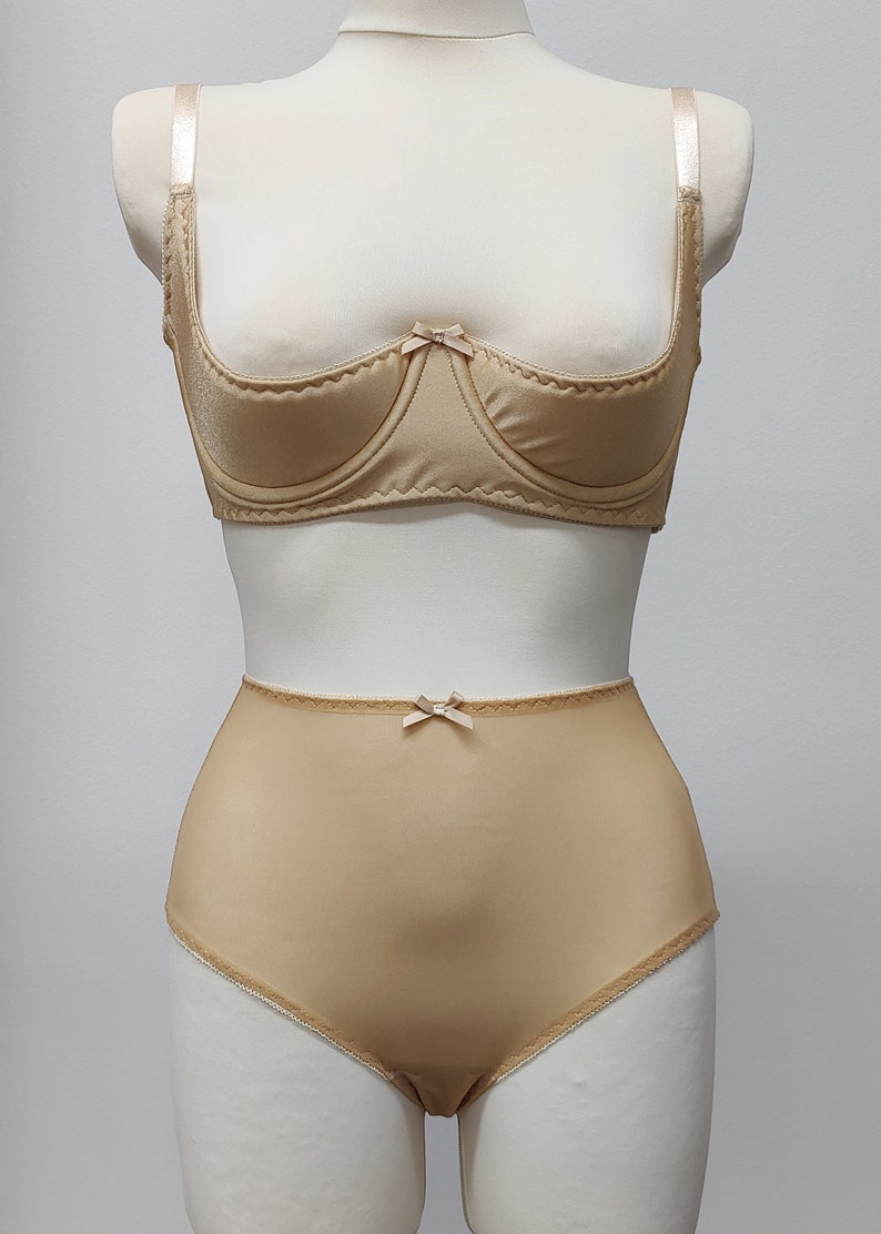 beige quarter cup Gina bra with matching sheer high waist Irma panties