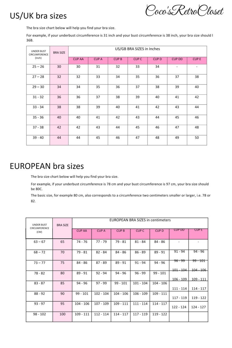 US/UK and EU bra size charts