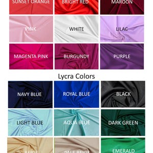 May include: A color chart displaying various shades of Lycra fabric. Colors include Sunset Orange, Bright Red, Maroon, Pink, White, Lilac, Magenta Pink, Burgundy, Purple, Navy Blue, Royal Blue, Black, Light Blue, Aqua Blue, Dark Green, Beige, Pale Beige, and Emerald.