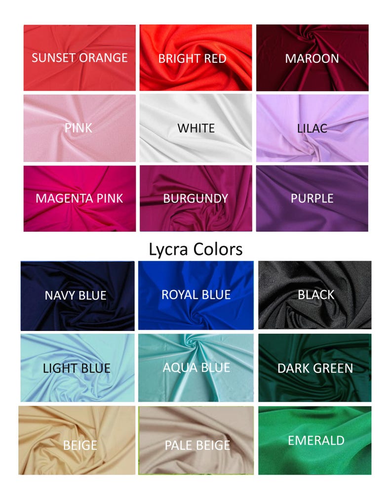 May include: A color chart displaying various shades of Lycra fabric. Colors include Sunset Orange, Bright Red, Maroon, Pink, White, Lilac, Magenta Pink, Burgundy, Purple, Navy Blue, Royal Blue, Black, Light Blue, Aqua Blue, Dark Green, Beige, Pale Beige, and Emerald.