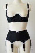 Black GIGI Garter Belt with frill trim in white and red Retro Suspender Belt