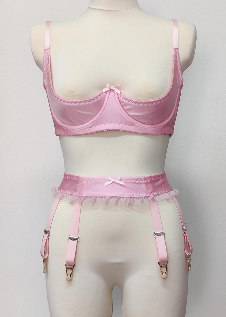 pink narrow 2 inch / 5 cm Summer garter belt with ruffle trim and 6 straps