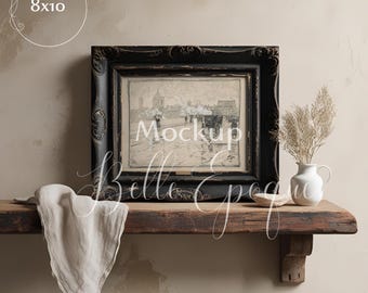 8x10 Horizontal Frame Mockup | Black Wooden Frame On A Wooden Shelf | PSD Template With Smart Object For Wall Art | Castlecore